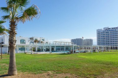 Ziyaretçiler, berrak gökyüzü, palmiye ağaçları ve davetkar havuz manzaralı çarpıcı bir tatil beldesinde sakin bir günün tadını çıkarıyorlar..