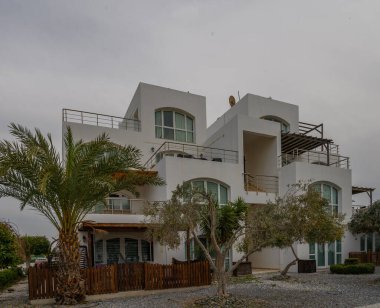 Palmiye ağaçları ve yeşilliklerin arasına yerleşmiş çarpıcı bir modern bina, kıyı şeridinin sükunetini gösteriyor..