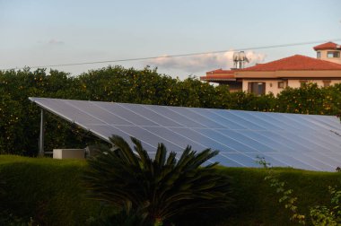 Güneş panelleri güneş ışığını canlı bir bahçede yakalıyor ve yenilenebilir enerjinin modern yaşamda oynadığı rolü gösteriyor..