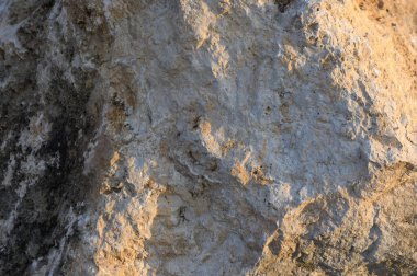 Güneş ışığı, yıpranmış bir kayanın pürüzlü yüzeyinde dans eder. Doğanın karanlık çöktüğünde dokusunun güzelliğini yakalar..