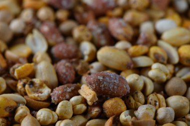 Yakından bakıldığında tohum ve tahıllardan oluşan renkli bir çeşitlilik görülüyor. Güneşli bir öğleden sonra yerel bir markette kutlanan canlı bir hasatın hikayesini anlatan zengin doku ve renkleri sergiliyor..