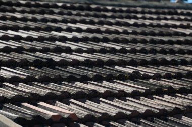 Güneş ışığı, huzurlu bir köydeki geleneksel çatı kiremitlerinin dokulu yüzeyinden yansıyarak işçiliği ve zamansız tasarımı vurguluyor. Doğa ve mimari yukarıda uyum içinde harmanlanır..