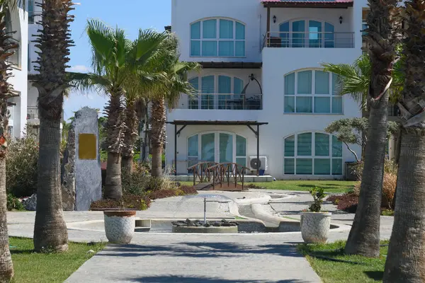 Palmiye ağaçlarıyla dolu manzaralı bir patika boyunca yürü, çarpıcı beyaz mimarisi, yemyeşil bitkileri ve sakin bir su özelliği olan güzel bir avluya çıkar..