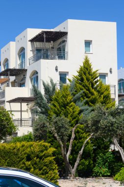 Bu sakin sahil mahallesi canlı yeşilliklerle uyumlu beyaz binaları vuruyor. Güneş ışığı sahneyi yıkıyor, sakin atmosferini arttırıyor..