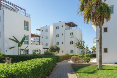 Beyaz cepheli kıyı daireleri, açık bir günde palmiye ağaçları ve canlı yeşillikler tarafından çerçevelenmiş güneş ışığıyla güneşleniyor..