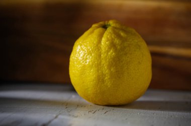 Parlak sarı limon, yandaki pencerelerden süzülen sıcak güneş ışığıyla aydınlatılmış yıpranmış bir masada tek başına oturur..