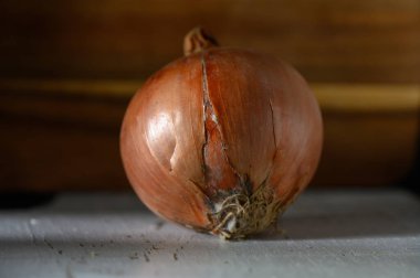 Çatlamış derisi olan olgun bir soğan, dokulu bir yüzeyde oturur ve sıcacık bir mutfak ortamında toprak tonlarını sergiler..