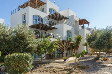 Parlak bir villa zeytin ağaçlarının arasında duruyor, modern mimariyi gözler önüne seriyor ve dinlenmek için açık alanları davet ediyor..