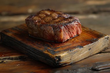 Lezzetli biftek eskimiş ahşap bir tahtanın üzerinde duruyor, nefis ızgara izleri ve davetkar aromasını sergiliyor..