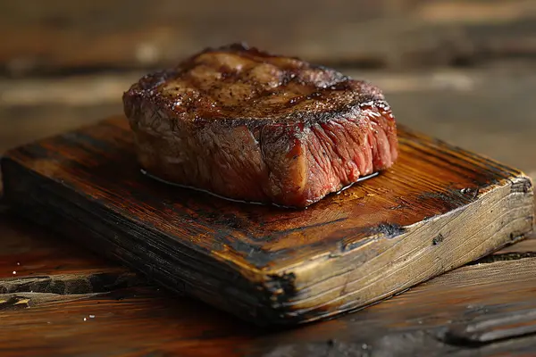 Lezzetli biftek eskimiş ahşap bir tahtanın üzerinde duruyor, nefis ızgara izleri ve davetkar aromasını sergiliyor..