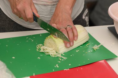 Rengarenk bir kesim tahtasındaki taze lahanayı ustalıkla kesen eller...