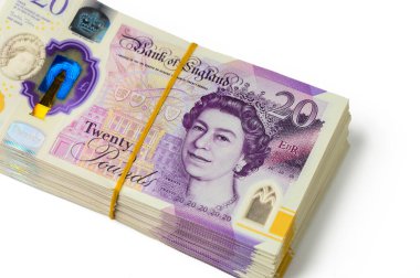 Birleşik Krallık 'taki zenginlik ve ekonomiyi sembolize eden kraliyet portresi içeren para desteleri..