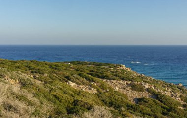Yeşillik, sonsuz mavi denizle zarif bir şekilde buluşur. Alacakaranlıkta huzurlu bir sahil çekilmesi yaratır..