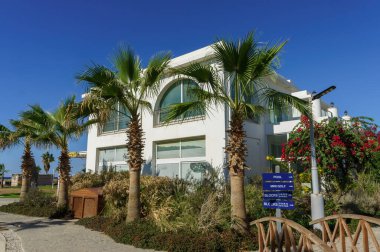 Çağdaş bir binanın, bereketli palmiye ağaçlarının ve yakınlardaki canlı begonvillerin bulunduğu sakin bir sahil kaçışı..