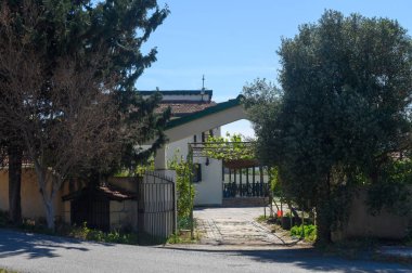 Büyüleyici bir yol, uzun ağaçlar ve canlı bitkiler tarafından çerçevelenmiş kırsal bir girişe götürür. Güneş ışığıyla yıkanmış, kırsal hayatın huzurlu bir görüntüsünü sunar..