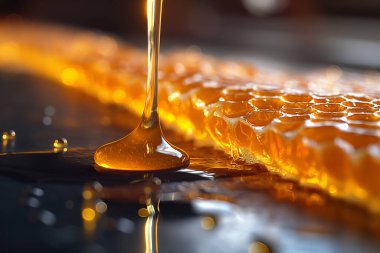 Bal, canlı bir bal peteğinden yavaşça akar. Ilık bir ışık altında parıldar. Sıcak bir atmosfer yaratır..