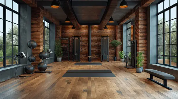 Parlak ve ferah çalışma alanlarında ahşap zemin, büyük pencereler ve son model fitness ekipmanları bulunuyor..