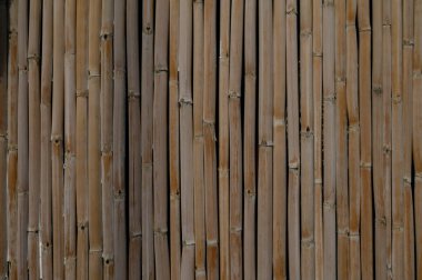 Dikey bambu kalasları birbirine yakın durur, doğanın dokusunu ve sıcak tonlarını sakin bir ortamda sergiler..