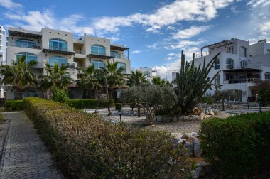 Huzurlu bir bahçe, yakındaki çağdaş binaları aydınlatarak, canlı bir gökyüzünün altında palmiye ağaçları ve kaktüslerle açılır..