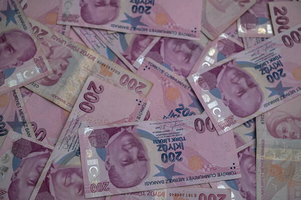 Colorful Turkish lira notes spread out, displaying their vibrant hues and intricate designs.