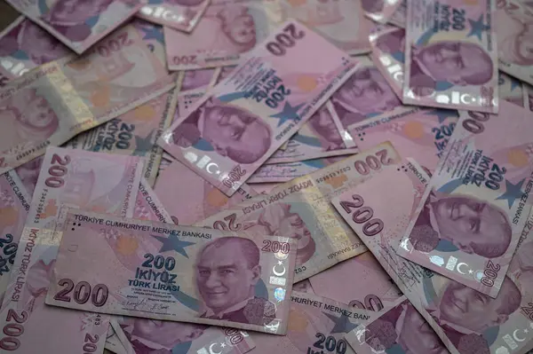 Sayısız Türk banknotu bir yüzeye yayılarak canlı pembe tonlarını ve karmaşık tasarımlarını vurguluyor.