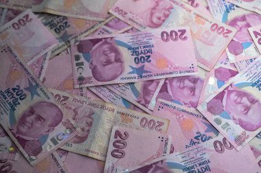 Türk lira banknotlarının geniş bir yelpazesi yüzeyi doldurarak, karmaşık pembe ve mor renkler ve tasarımlar sergiliyor.