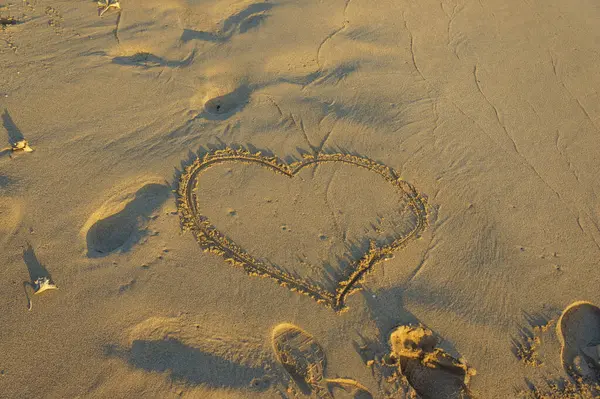 Bir kalp çizgisi, kumsalda güneş doğarken ayak izleriyle çevrili yumuşak kumda duruyor..