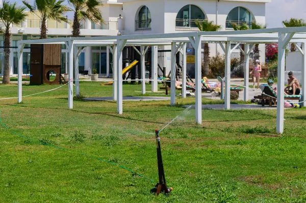 Sıcak ve güneşli bir günde, Kıbrıs 'taki yeşil çimlerin üzerine serinletici su püskürtülmesi. Akdeniz bahçe hayatı, doğal güzellik ve sürdürülebilir manzara bakımı.