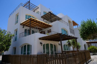 Akdeniz yakınlarında güneşli Kıbrıs 'ta palmiye ağaçlarıyla çevrili zarif beyaz evler..