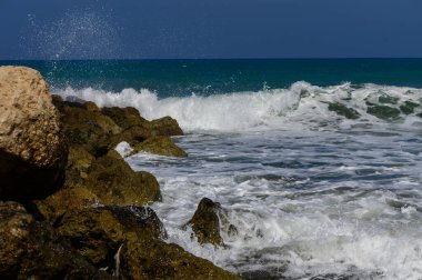 Güçlü deniz dalgaları Kıbrıs Rum Kesimi 'nin Akdeniz kıyısındaki engebeli kayalara çarpıyor. Su sıçratan dinamik kıyı manzarası.