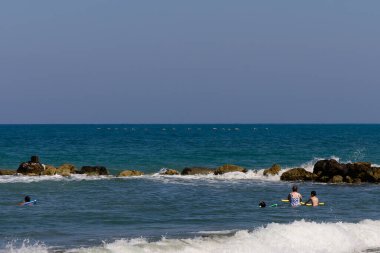 Akdeniz 'in mavi sularının üzerinde gökyüzünde uçan zarif flamingo sürüsü..