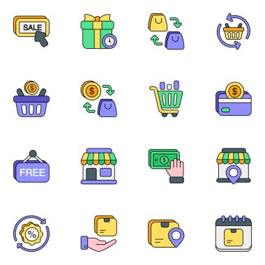 Renk Çizgisi biçiminde web ve kullanıcı arayüzü tasarımı için alışveriş rengi simgeleri ayarlanıyor