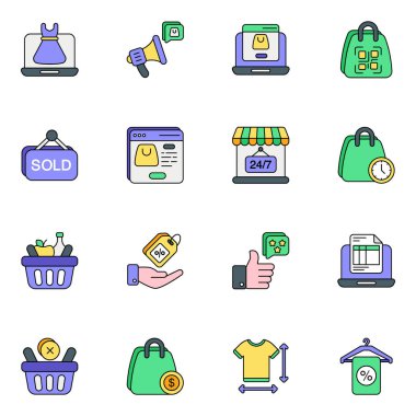 Renk Çizgisi biçiminde web ve kullanıcı arayüzü tasarımı için alışveriş rengi simgeleri ayarlanıyor