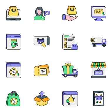 Renk Çizgisi biçiminde web ve kullanıcı arayüzü tasarımı için alışveriş rengi simgeleri ayarlanıyor