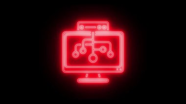 Parlayan neon akıllı bilgisayar dijital neon ikonu. Yapay zeka elementleri. Siyah arkaplanda 4K Video.