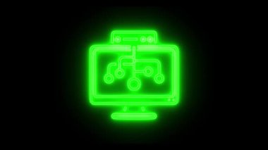 Parlayan neon akıllı bilgisayar dijital neon ikonu. Yapay zeka elementleri. Siyah arkaplanda 4K Video.