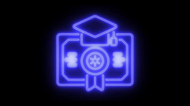 Parlak neon şapka ve siyah arka plan diploması. Mezuniyet simgesi..