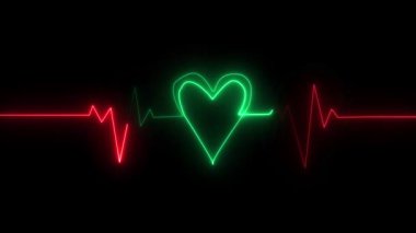 Arkaplanda titreşimli bir kalp atışı olan neon bir kalp, sevgi ve teknoloji taşıyor. Kalp şeklinde neon kalp atışı. Güzel, sağlıklı bir elektrokardiyogram veya EKG. Bir nabız çizgisi.