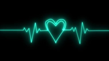 Arkaplanda titreşimli bir kalp atışı olan neon bir kalp, sevgi ve teknoloji taşıyor. Kalp şeklinde neon kalp atışı. Güzel, sağlıklı bir elektrokardiyogram veya EKG. Bir nabız çizgisi.