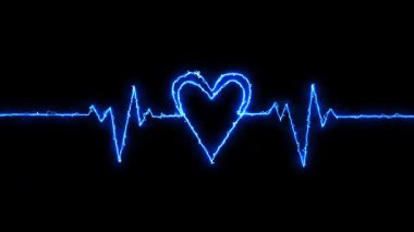 Arkaplanda titreşimli bir kalp atışı olan neon bir kalp, sevgi ve teknoloji taşıyor. Kalp şeklinde neon kalp atışı. Güzel, sağlıklı bir elektrokardiyogram veya EKG. Bir nabız çizgisi.