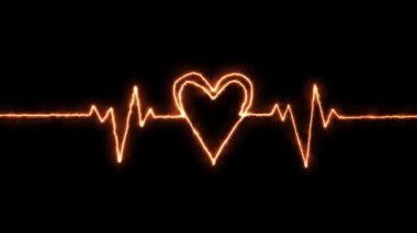 Arkaplanda titreşimli bir kalp atışı olan neon bir kalp, sevgi ve teknoloji taşıyor. Kalp şeklinde neon kalp atışı. Güzel, sağlıklı bir elektrokardiyogram veya EKG. Bir nabız çizgisi.