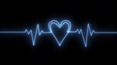 Arkaplanda titreşimli bir kalp atışı olan neon bir kalp, sevgi ve teknoloji taşıyor. Kalp şeklinde neon kalp atışı. Güzel, sağlıklı bir elektrokardiyogram veya EKG. Bir nabız çizgisi.