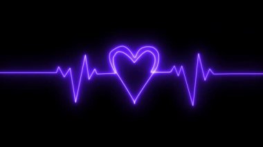 Arkaplanda titreşimli bir kalp atışı olan neon bir kalp, sevgi ve teknoloji taşıyor. Kalp şeklinde neon kalp atışı. Güzel, sağlıklı bir elektrokardiyogram veya EKG. Bir nabız çizgisi.