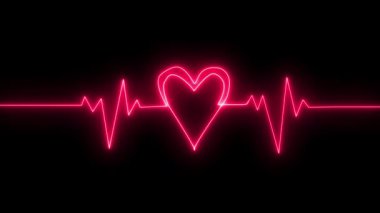 Arkaplanda titreşimli bir kalp atışı olan neon bir kalp, sevgi ve teknoloji taşıyor. Kalp şeklinde neon kalp atışı. Güzel, sağlıklı bir elektrokardiyogram veya EKG. Bir nabız çizgisi.