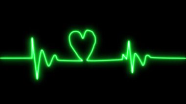 Arkaplanda titreşimli bir kalp atışı olan neon bir kalp, sevgi ve teknoloji taşıyor. Kalp şeklinde neon kalp atışı. Güzel, sağlıklı bir elektrokardiyogram veya EKG. Bir nabız çizgisi.