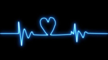 Arkaplanda titreşimli bir kalp atışı olan neon bir kalp, sevgi ve teknoloji taşıyor. Kalp şeklinde neon kalp atışı. Güzel, sağlıklı bir elektrokardiyogram veya EKG. Bir nabız çizgisi.