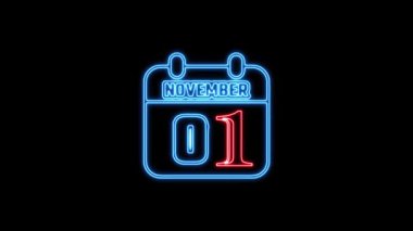 01 Kasım metni. Arkaplanda parlayan neon takvim simgesi. Parlak doğrusal çerçeveli dijital neon takvim sembolü. Takvim tarihi simgesi neon biçimi.. Zaman illüstrasyon ikonu elemanları. İşaretler, semboller ağ, logo, mobil uygulama, UI, UX için kullanılabilir