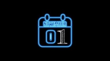 01 Kasım metni. Arkaplanda parlayan neon takvim simgesi. Parlak doğrusal çerçeveli dijital neon takvim sembolü. Takvim tarihi simgesi neon biçimi.. Zaman illüstrasyon ikonu elemanları. İşaretler, semboller ağ, logo, mobil uygulama, UI, UX için kullanılabilir