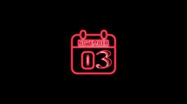 03 Kasım metni. Arkaplanda parlayan neon takvim simgesi. Parlak doğrusal çerçeveli dijital neon takvim sembolü. Takvim tarihi simgesi neon biçimi.. Zaman illüstrasyon ikonu elemanları. İşaretler, semboller ağ, logo, mobil uygulama, UI, UX için kullanılabilir