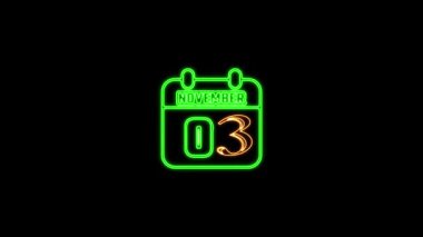 03 Kasım metni. Arkaplanda parlayan neon takvim simgesi. Parlak doğrusal çerçeveli dijital neon takvim sembolü. Takvim tarihi simgesi neon biçimi.. Zaman illüstrasyon ikonu elemanları. İşaretler, semboller ağ, logo, mobil uygulama, UI, UX için kullanılabilir